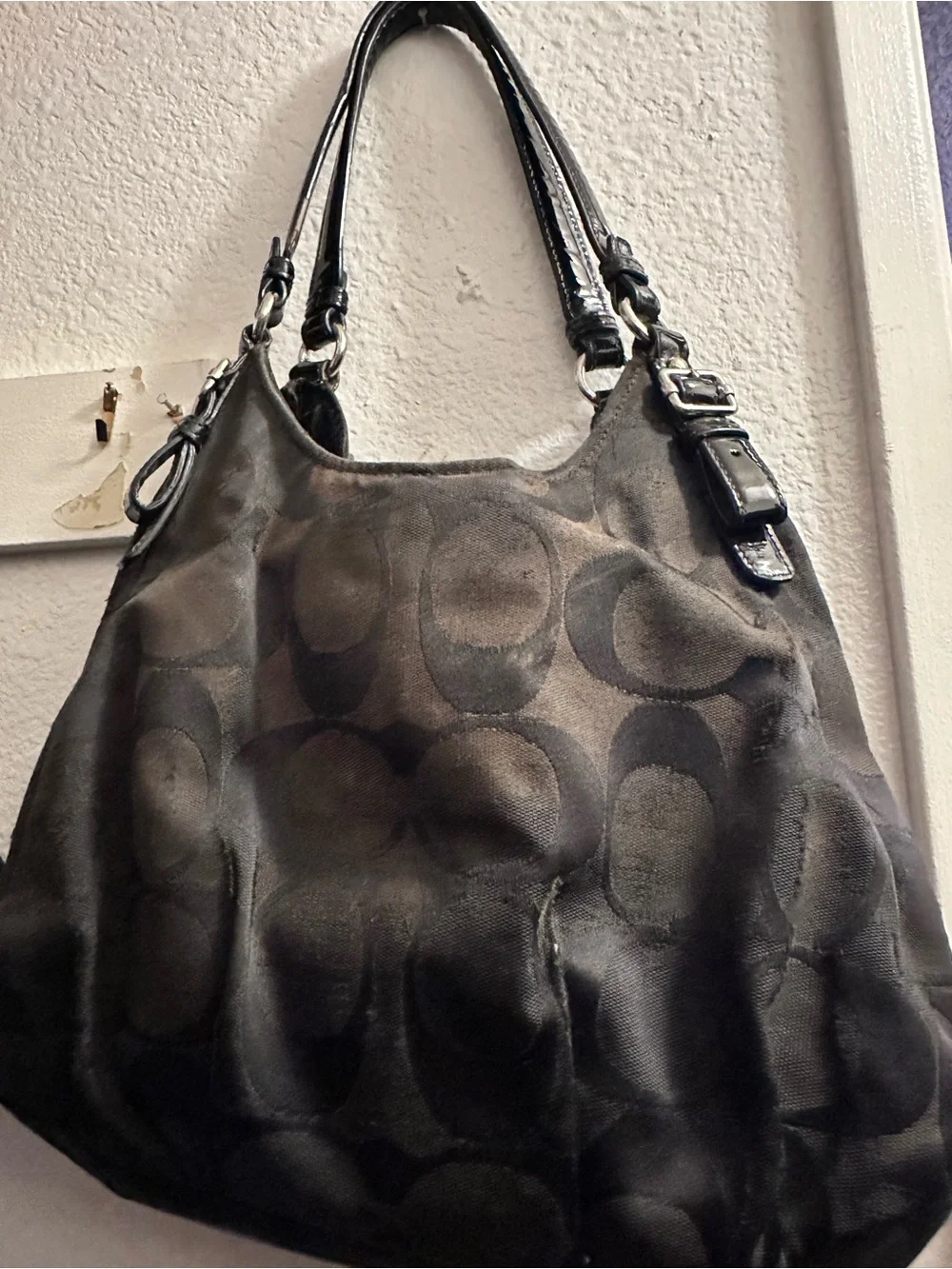 Coach Black Signature Tote with Silver Horse & Carriage Emblem
